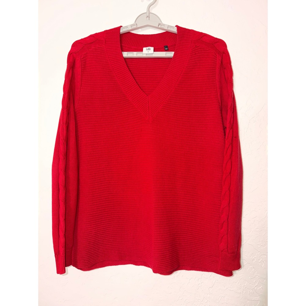 Cabi Standout Pullover Sweater Red Size Medium V-Neck Ribbed Cotton 3714 Cable